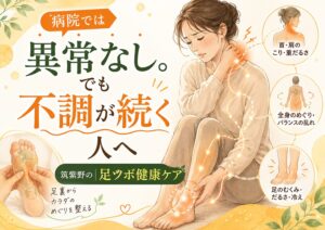 病院では異常なしでも不調が続く女性に向けた、筑紫野の足ツボ健康ケアを紹介するアイキャッチ画像