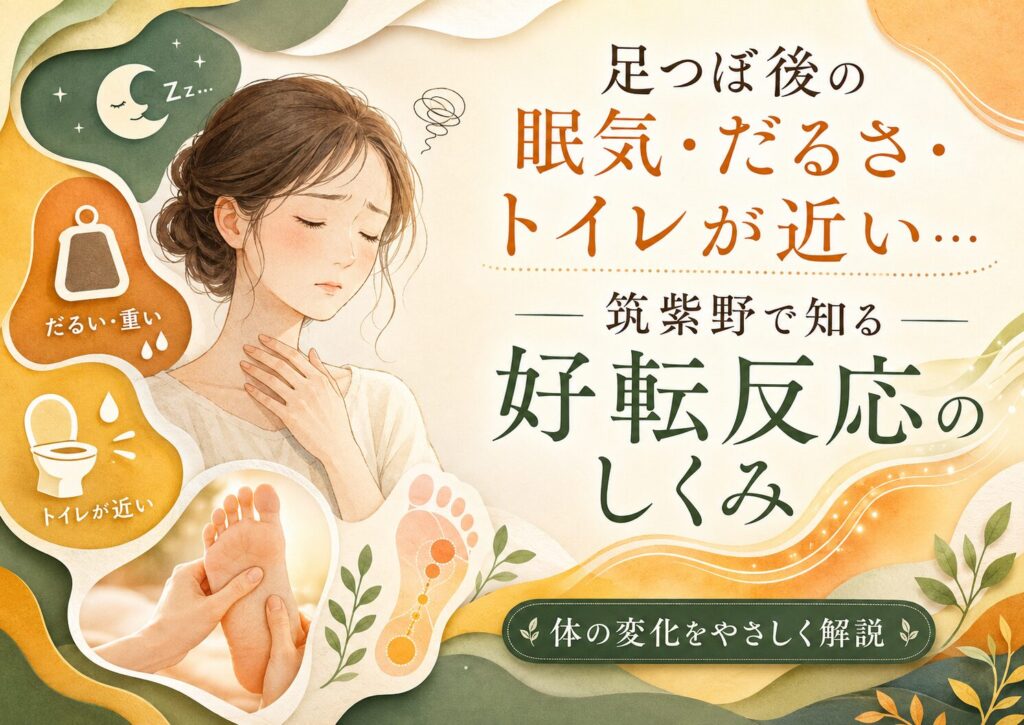 足つぼ後の眠気・だるさ・トイレが近い症状と好転反応のしくみを筑紫野の足つぼサロンが解説するアイキャッチ画像