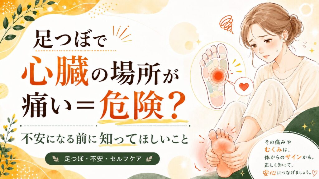 足つぼで心臓の場所が痛い理由を不安そうな女性と足裏の反射区で表現した筑紫野の足つぼ記事アイキャッチ