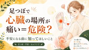 足つぼで心臓の場所が痛い理由を不安そうな女性と足裏の反射区で表現した筑紫野の足つぼ記事アイキャッチ