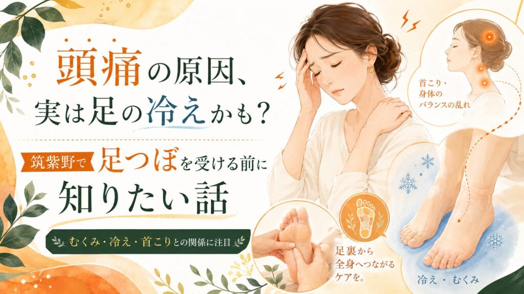 冷えやむくみが頭痛につながる可能性を伝える、筑紫野の足つぼケアを紹介する女性向けアイキャッチ画像