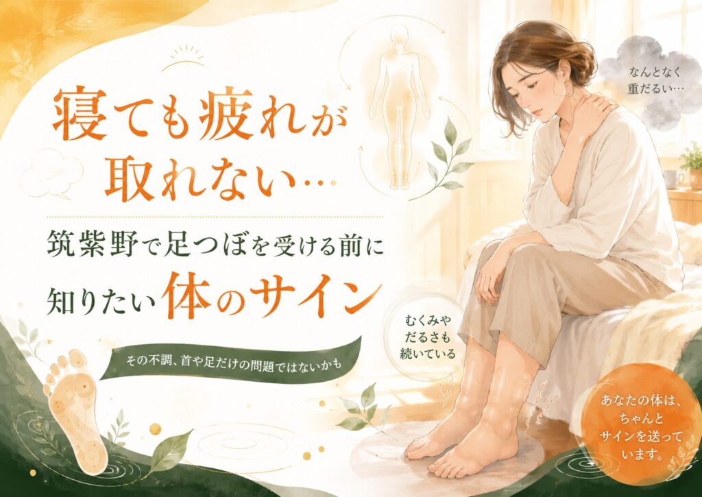 寝ても疲れが取れない女性が、筑紫野で足つぼを受ける前に体のサインやむくみ・だるさに気づくためのアイキャッチ画像