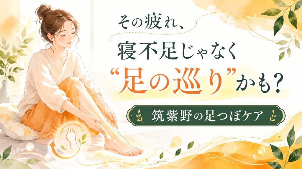 筑紫野で疲れや足の巡りに悩む女性へ向けた、足つぼケアを紹介するやさしい雰囲気のアイキャッチ画像