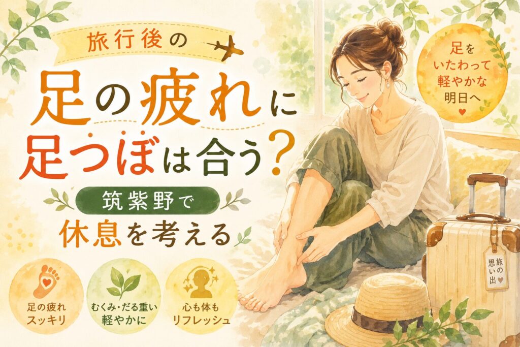 旅行後の足の疲れに足つぼが合うかを考える、筑紫野でのやさしい休息をイメージした女性向けアイキャッチ画像