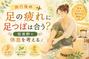 旅行後の足の疲れに足つぼが合うかを考える、筑紫野でのやさしい休息をイメージした女性向けアイキャッチ画像