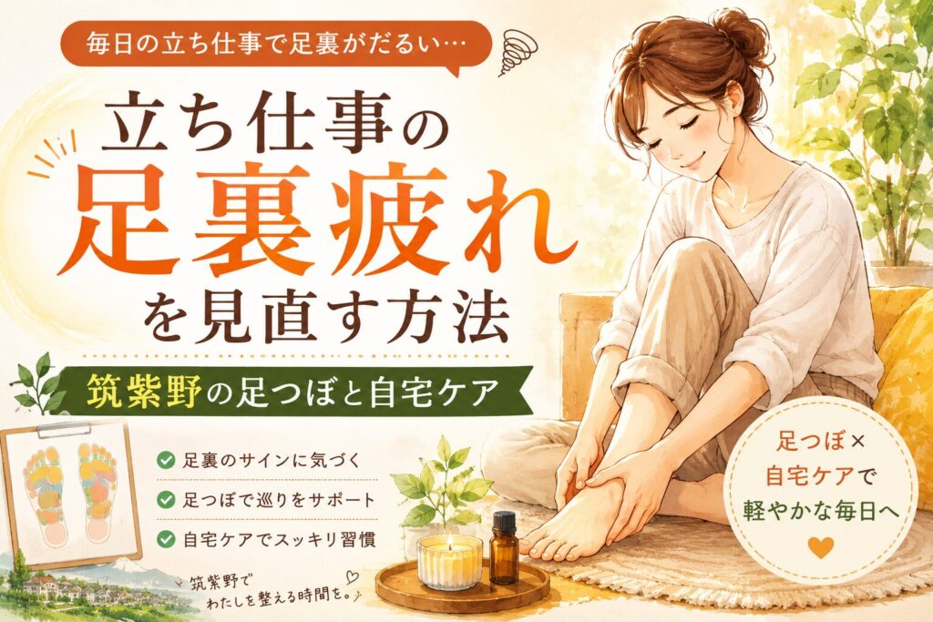立ち仕事による足裏の疲れを見直し、筑紫野の足つぼと自宅ケアを考える女性向けアイキャッチ画像
