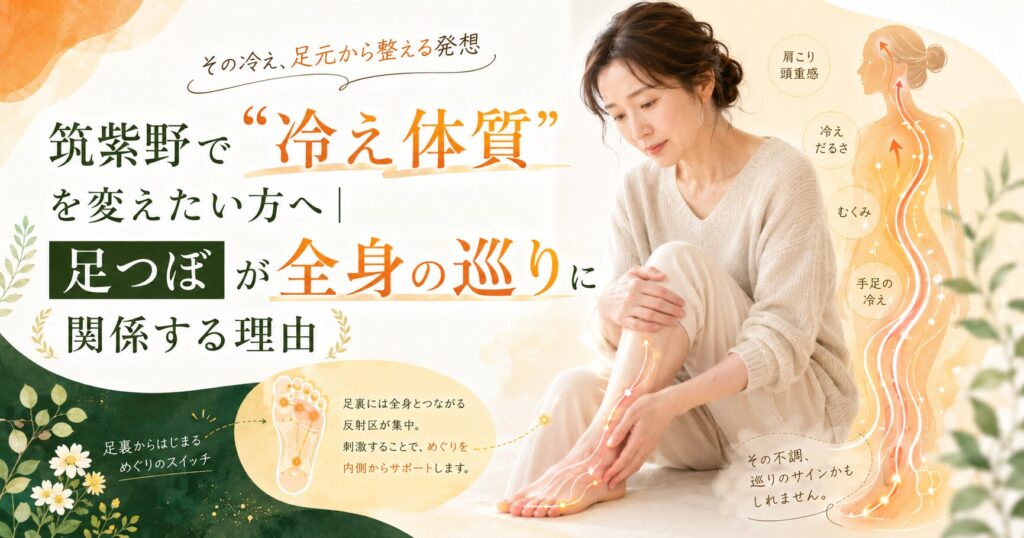 筑紫野で冷え体質や足のむくみに悩む女性に向けて、足つぼが全身の巡りを整える理由を伝えるアイキャッチ画像