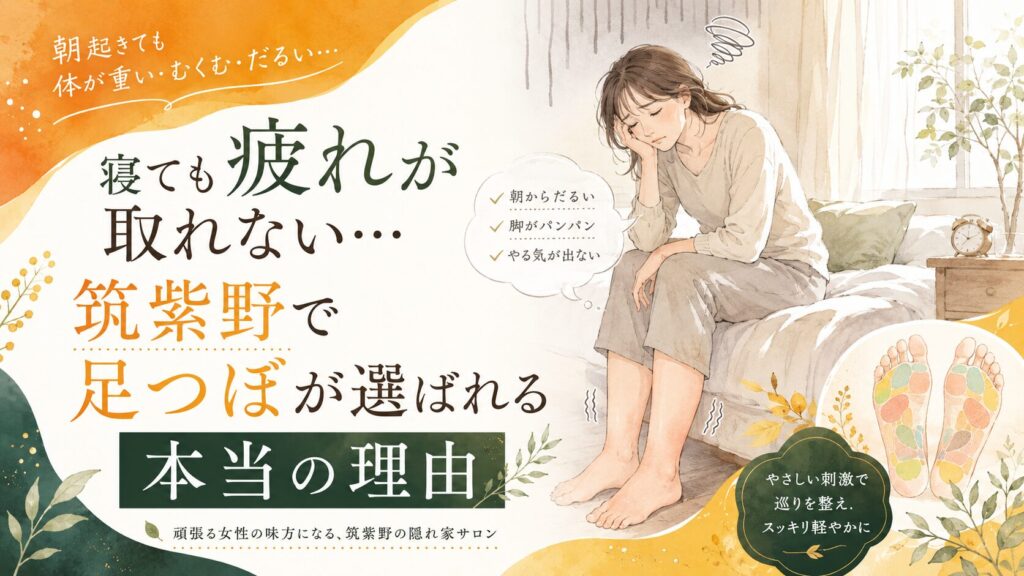 寝ても疲れが取れない女性の悩みに寄り添い、筑紫野で足つぼによる疲労回復ケアを紹介するアイキャッチ画像