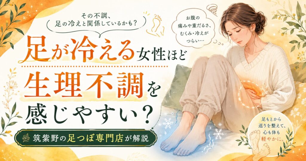 足が冷える女性と生理不調の関係を解説する、筑紫野の足つぼ専門店のアイキャッチ画像