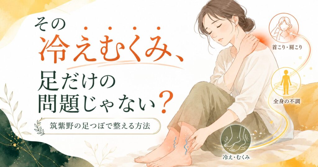 筑紫野の足つぼで冷えむくみを整える方法を伝えるアイキャッチ画像。足の冷えやむくみ、首こり・肩こり、全身の不調に悩む女性のやさしいイラスト。