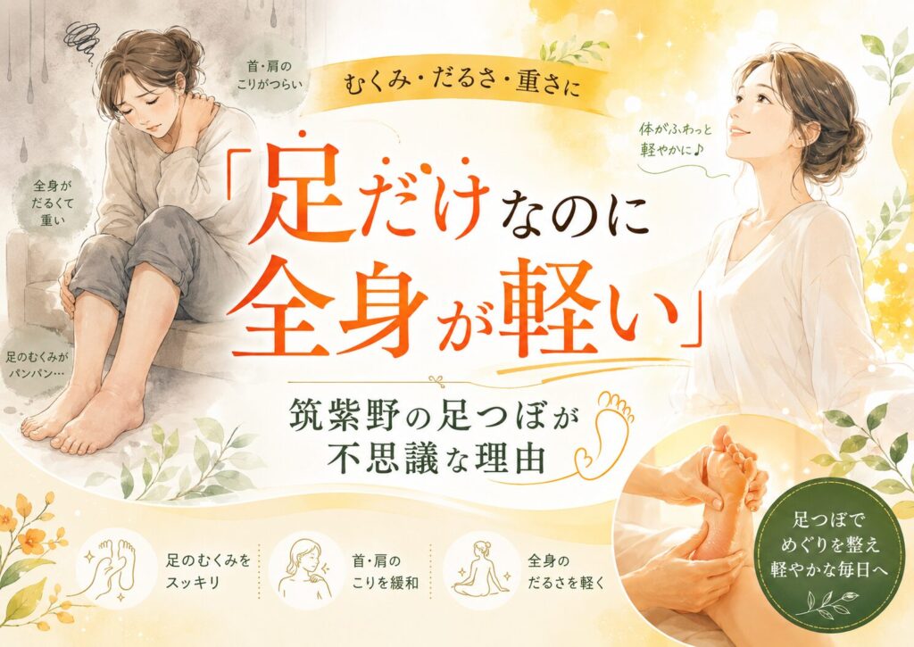 筑紫野の足つぼで足のむくみやだるさを整え、足だけなのに全身が軽い理由を伝えるアイキャッチ画像