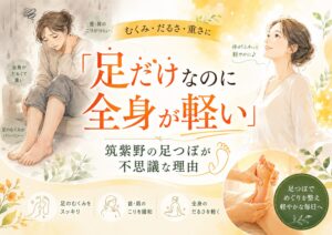 筑紫野の足つぼで足のむくみやだるさを整え、足だけなのに全身が軽い理由を伝えるアイキャッチ画像