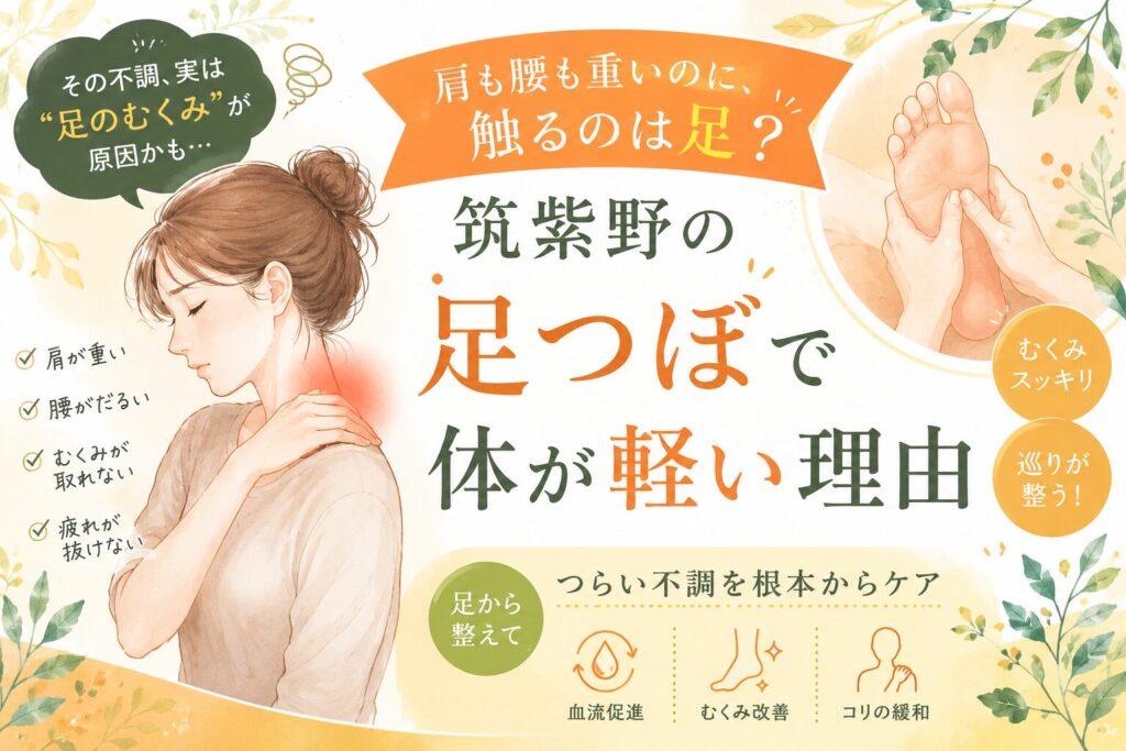 肩や腰の重さ、足のむくみに悩む女性が、筑紫野の足つぼで体が軽くなる理由を表した柔らかいイラスト