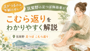 筑紫野の足つぼ施術者が、足がつる原因やこむら返りについてわかりやすく解説する記事のアイキャッチ画像