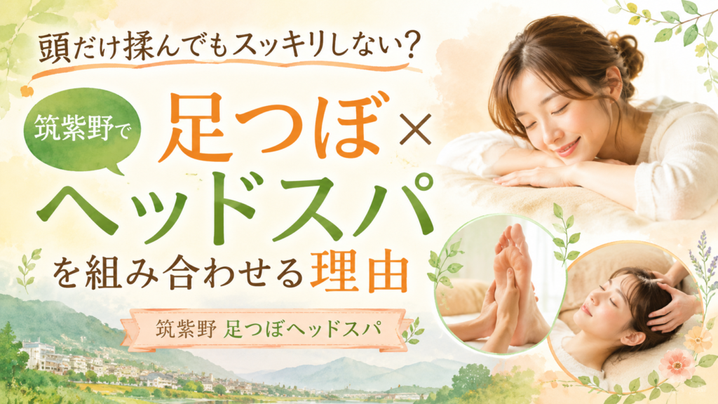 頭だけではスッキリしない悩みに向けて、筑紫野で足つぼとヘッドスパを組み合わせる理由を紹介するアイキャッチ画像
