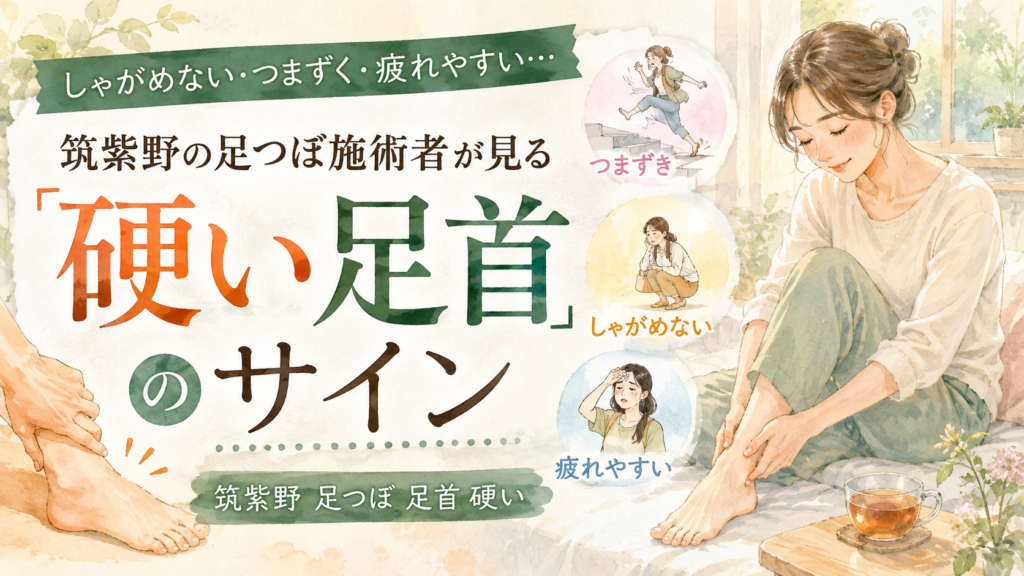 しゃがめない・つまずく・疲れやすいなど、硬い足首のサインを紹介する筑紫野の足つぼ記事アイキャッチ