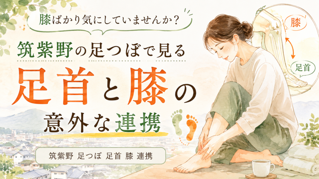 筑紫野の足つぼで考える足首と膝の連携を、女性の足元と膝・足首のつながりで表現したイラスト