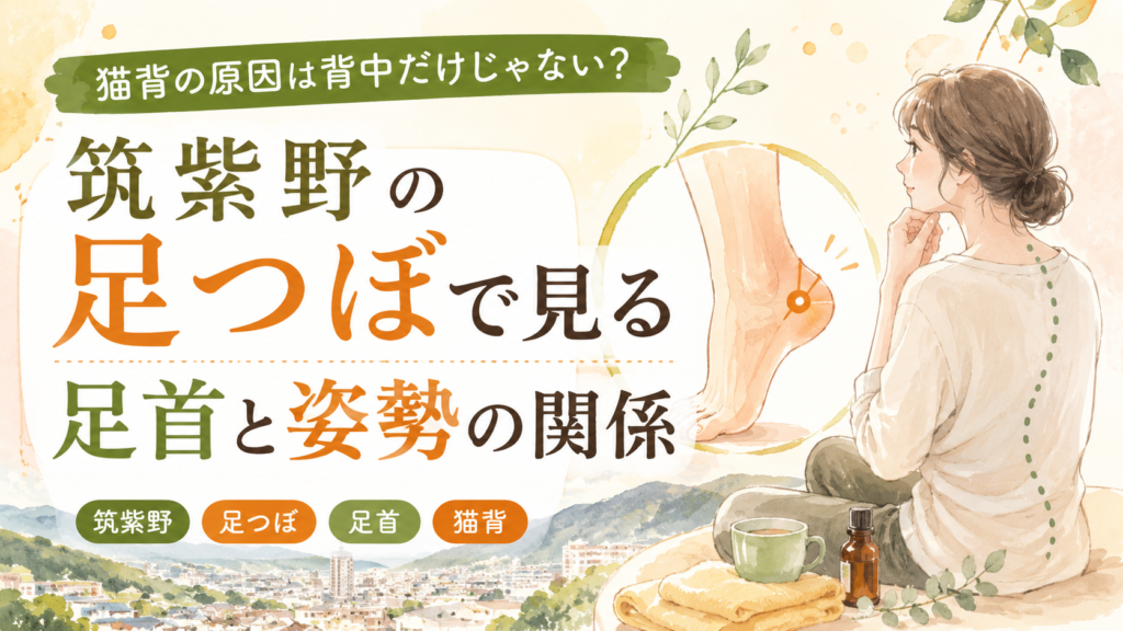 筑紫野の足つぼで考える足首と猫背の関係を表した女性の姿勢イラスト