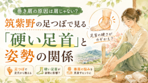 筑紫野の足つぼで硬い足首と巻き肩・姿勢の関係を考える女性のイラスト