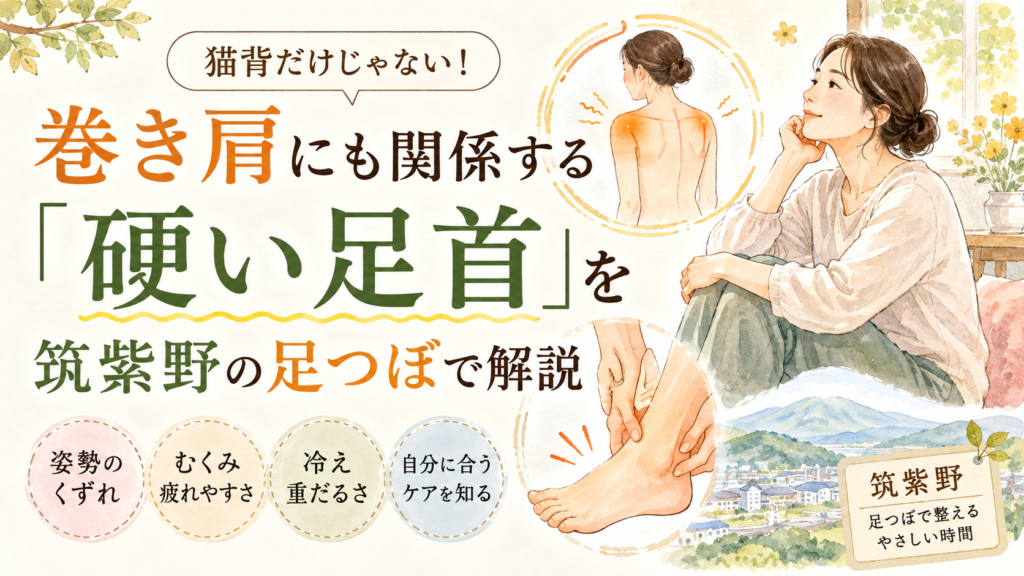 筑紫野の足つぼで硬い足首と巻き肩の関係を解説するイメージ