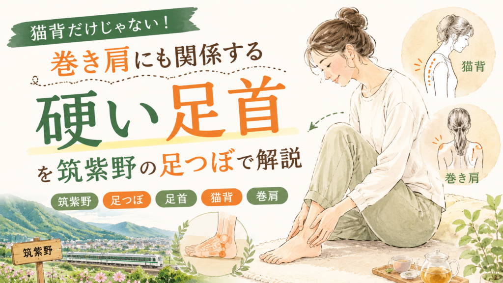 猫背や巻き肩と硬い足首の関係を筑紫野の足つぼで解説するアイキャッチ画像
