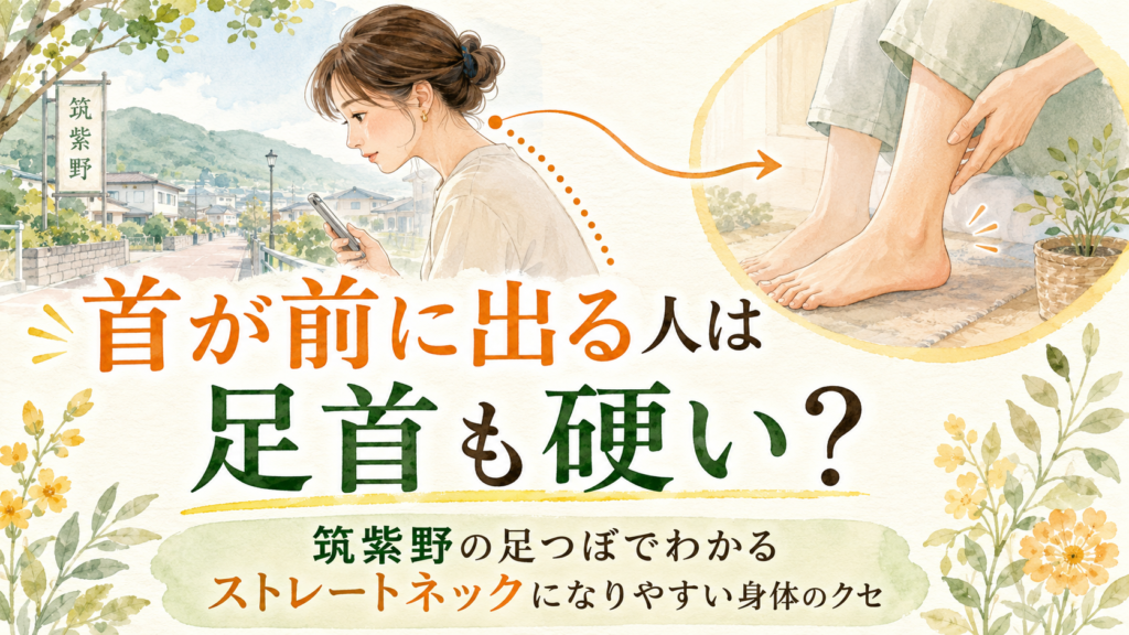 首が前に出る姿勢と足首の硬さの関係を表したイラスト｜筑紫野の足つぼとストレートネック