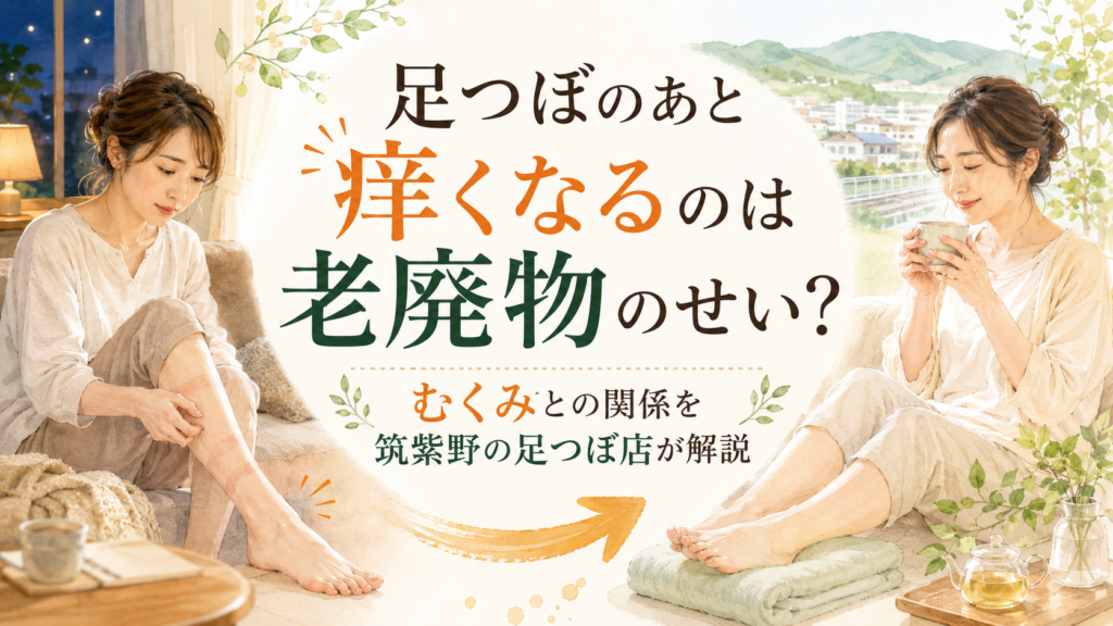 足つぼのあと痒くなる原因と老廃物・むくみとの関係を解説する筑紫野の足つぼ記事のアイキャッチ画像