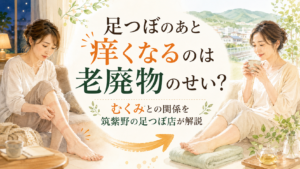 足つぼのあと痒くなる原因と老廃物・むくみとの関係を解説する筑紫野の足つぼ記事のアイキャッチ画像