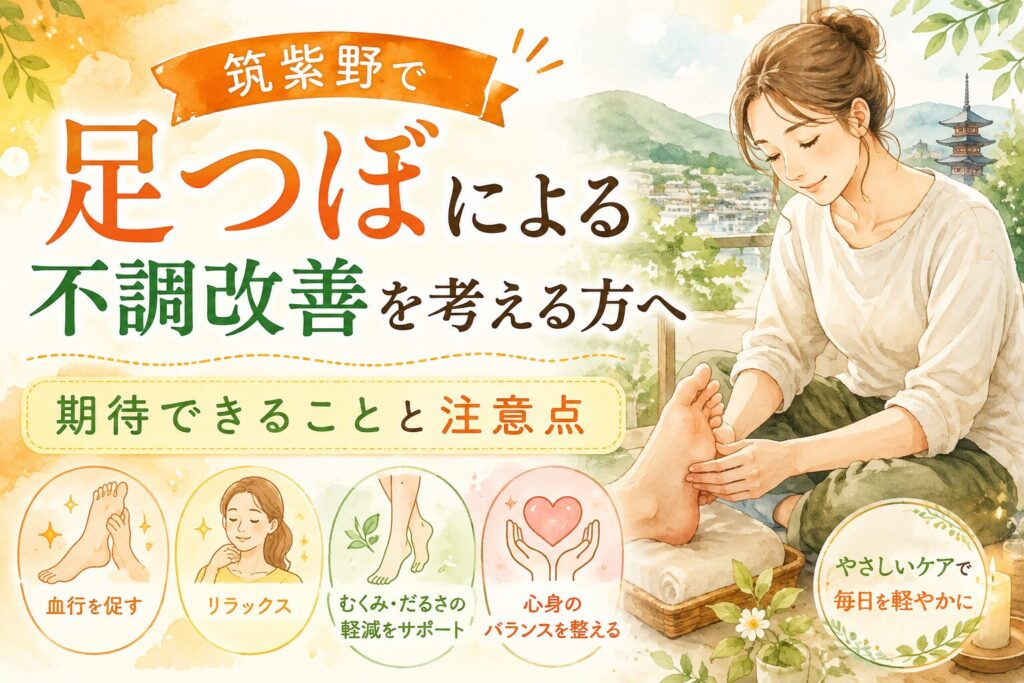 筑紫野で足つぼによる不調改善を考える方に向けて、期待できることと注意点を伝える女性向けアイキャッチ画像