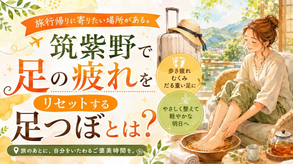 旅行後の足の疲れをいたわる女性と、筑紫野の足つぼを紹介するアイキャッチ画像