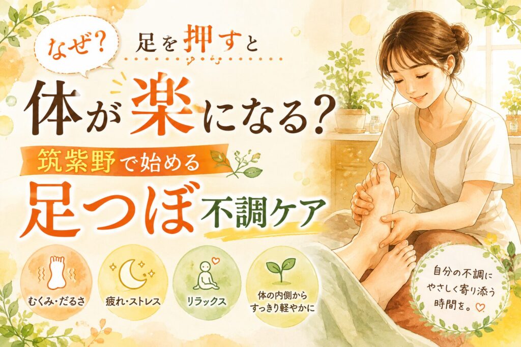 足を押すと体が楽に感じられる理由と、筑紫野で始める足つぼ不調ケアを表現した女性向けアイキャッチ画像