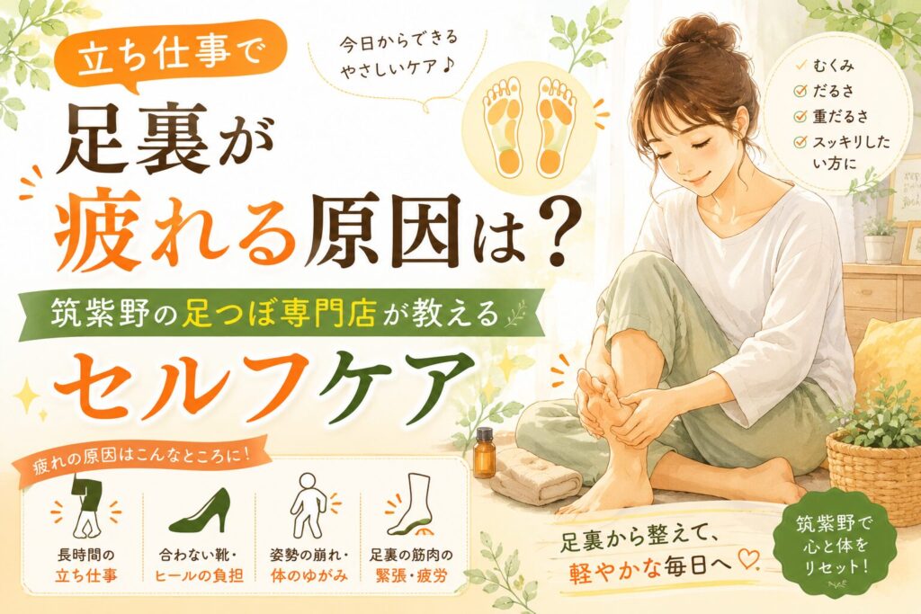 立ち仕事で足裏が疲れる原因と、筑紫野の足つぼ専門店が教えるセルフケアを紹介する女性向けアイキャッチ画像