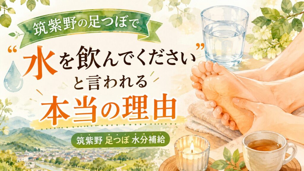 筑紫野の山並みと街並みを背景に、足つぼ施術を受ける足元とグラスの水を描いた、水分補給の理由を伝える水彩イラスト