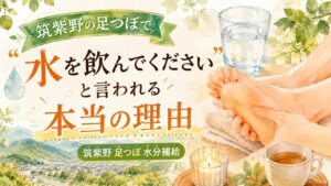 筑紫野の山並みと街並みを背景に、足つぼ施術を受ける足元とグラスの水を描いた、水分補給の理由を伝える水彩イラスト