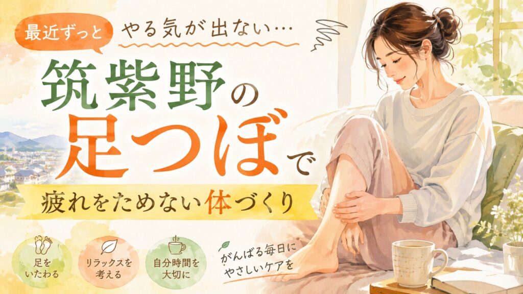 最近ずっとやる気が出ないと感じる女性が、筑紫野の足つぼで疲れをためない体づくりを考えるイメージ