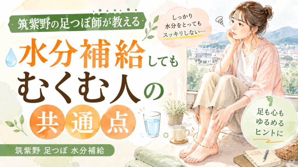 筑紫野の足つぼ師が教える、水分補給してもむくむ人の共通点を表したアイキャッチ画像