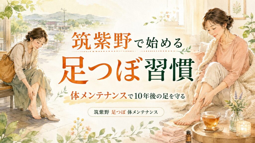 筑紫野で足つぼ習慣を始め、体メンテナンスで10年後の足を守る女性のイラスト