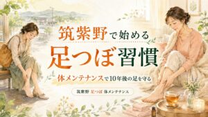筑紫野で足つぼ習慣を始め、体メンテナンスで10年後の足を守る女性のイラスト