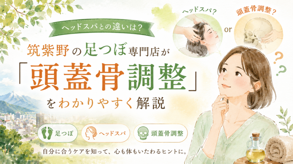 ヘッドスパとの違いと頭蓋骨調整について、筑紫野の足つぼ専門店がわかりやすく解説する記事のアイキャッチ画像