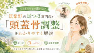 ヘッドスパとの違いと頭蓋骨調整について、筑紫野の足つぼ専門店がわかりやすく解説する記事のアイキャッチ画像
