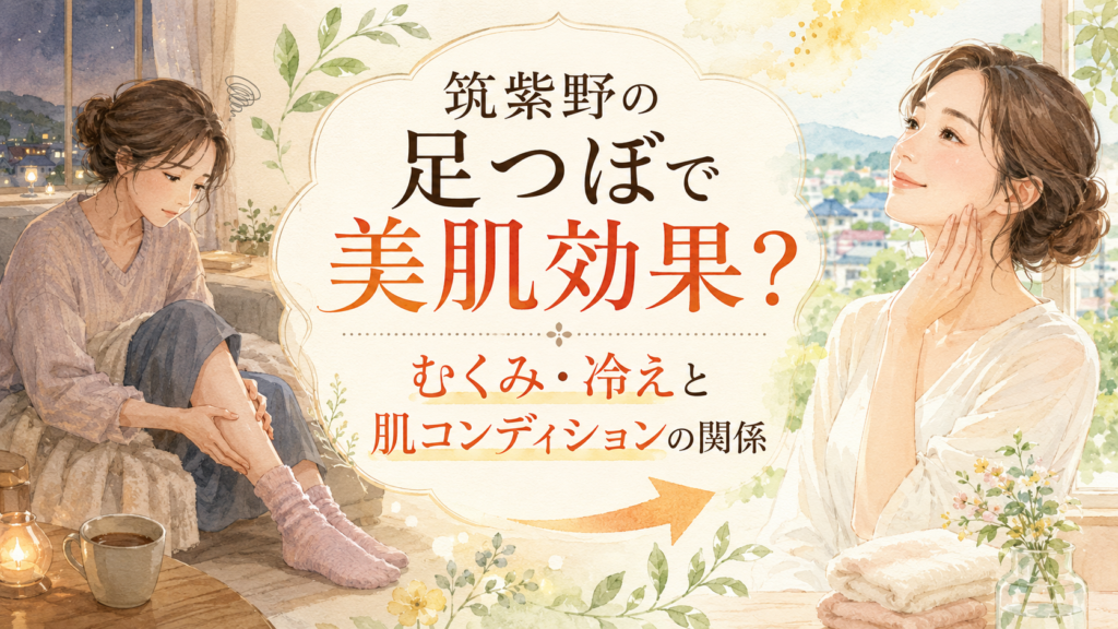 筑紫野の足つぼと美肌効果、むくみ・冷えと肌コンディションの関係を表した女性のイラスト