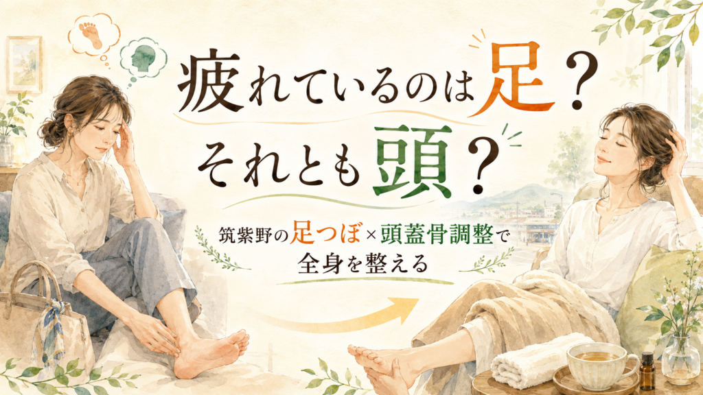 疲れているのは足か頭かを考える女性と、筑紫野の足つぼ・頭蓋骨調整を表現したイラスト