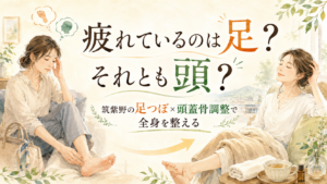 疲れているのは足か頭かを考える女性と、筑紫野の足つぼ・頭蓋骨調整を表現したイラスト