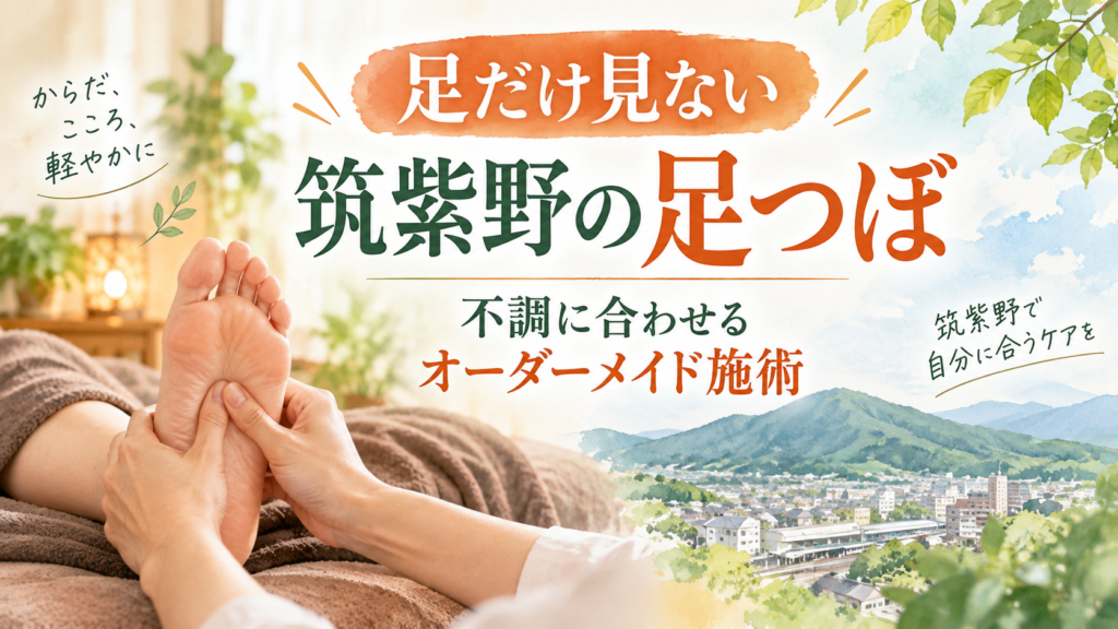 「足だけ見ない」をテーマに、筑紫野の足つぼと不調に合わせたオーダーメイド施術を紹介するアイキャッチ画像