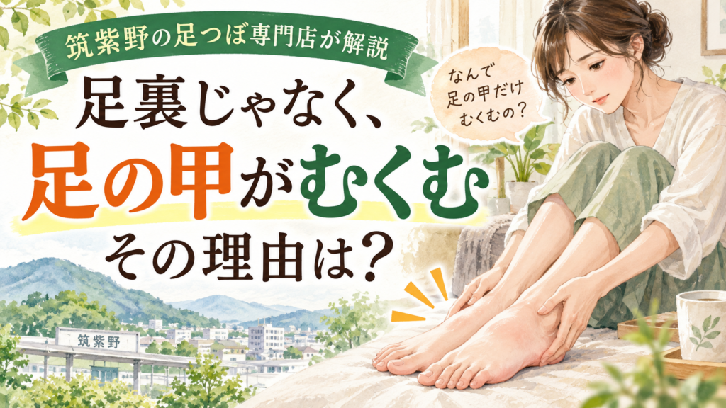 足の甲のむくみに悩む女性を描いた、筑紫野の足つぼ専門店による解説記事のアイキャッチ画像