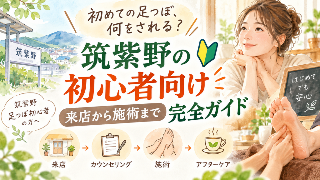筑紫野で初めて足つぼを受ける方向けに、来店から施術までの流れを紹介するアイキャッチ画像