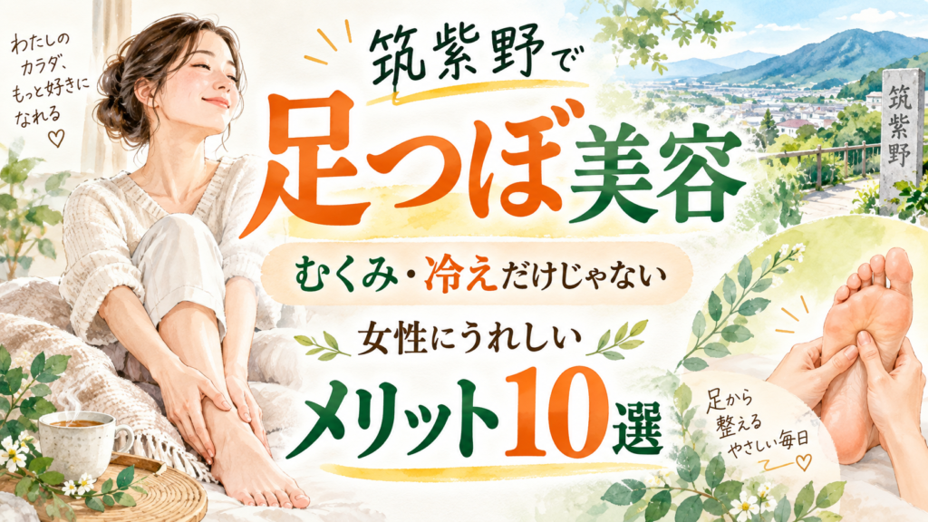 筑紫野で足つぼ美容に関心がある女性向けに、むくみ・冷えだけではないメリット10選を紹介するアイキャッチ画像