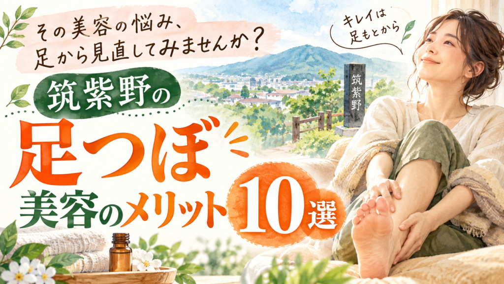 筑紫野の足つぼと美容のメリット10選を紹介する記事のアイキャッチ画像。足をいたわる女性を描いた水彩イラスト