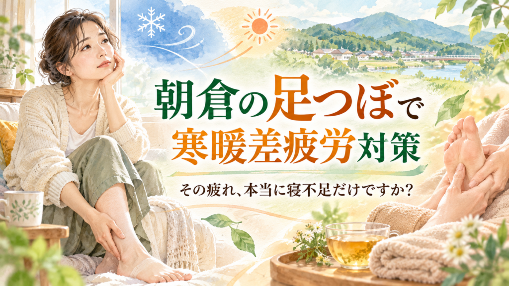 朝倉の足つぼで寒暖差疲労対策を紹介する、水彩風の女性と足のケアのイメージ