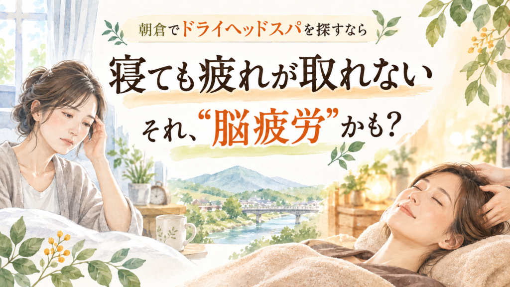 朝倉でドライヘッドスパを探す女性へ、寝ても疲れが取れない脳疲労の悩みを表現したイラスト